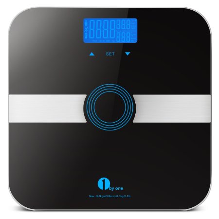 1byone Body Fat Scale with Tempered Glass, 180kg/400lb Weight Capacity, 10 Users Auto Recognition, Measures Weight, Body Fat, Water, Muscle, Calorie and BMI, Black