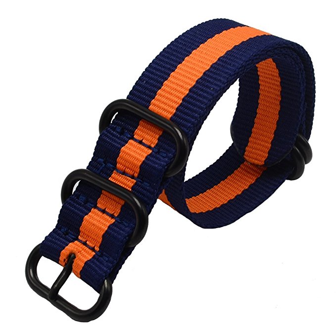 Carty Watch Bands - 22 mm - Nylon 1.3 mm Thickness 3.0 Black Heavy Duty Brushed Buckle (blue orange)