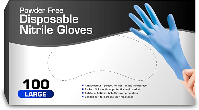 Nitrile - Powder Free, Rubber Latex Free, Non Sterile, Ambidextrous - 100 per box | Large |Blue