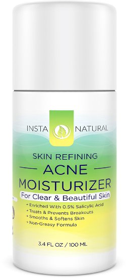 InstaNatural Acne Moisturizer for Face - Best Clearing and Moisturizing Cream for Oily and Acne Prone Skin - Made With Salicylic Acid - Reduces Breakouts Pimples and Blemishes - 34 OZ
