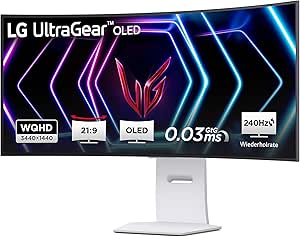 LG Electronics 39GS95QE-W.AEU Curved UltraGear™ OLED Gaming Monitor 39", 3440 x 1440, 21:9, 0,03 ms GtG, 240 Hz, HDR10, DisplayHDR™400 TRUE BLACK, DCI-P3 98,5%, NVIDIA G-Sync™, AMD FreeSync™ - Weiß