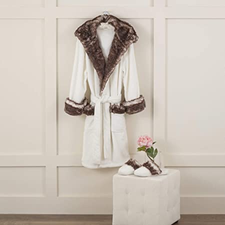 Vellux Faux Fur Trim Robe & Slipper Set, Medium, White
