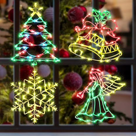 4 Pack Christmas Window Silhouette Lights Decorations, 16 Inch Lighted Snowflake, Xmas Tree, Bell and Angel Christmas Window Light Decoration for Holiday Indoor Outdoor Wall Door Glass Decorations
