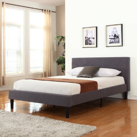 Divano Roma Furniture Tufted Grey Platform Queen Bed Frame with Wooden Slats