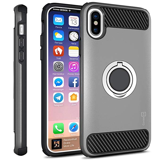 CoverON RingCase Series iPhone XS Case with Ring, iPhone X Case, Premium Protective Hybrid Phone Cover with Carbon Fiber Accents and Finger Grip Ring - Gunmetal Gray