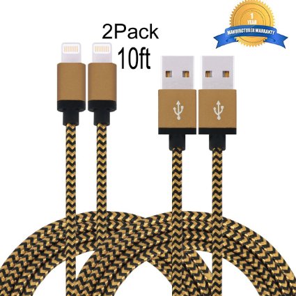 Mribo 2pcs 10FT Lightning Cable Popular Nylon Braided Charging Cable Cord for iphone 6s, 6s , 6 , 6,5s 5c 5,iPad Mini, Air,iPad5,iPod on iOS9(brown and black)
