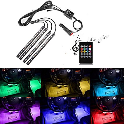 Car LED Strip Light,Uniwit 4 Pieces DC 12V Multicolor Car Interior Music Light LED Underdash Lighting Kit with Sound Active Function and Wireless Remote Control Including Car Charger