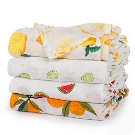 upsimples Baby Swaddle Blanket Unisex Swaddle Wrap Soft Silky Bamboo Muslin Swaddle Blankets Receiving Blanket for Boys and Girls, 47 x 47 inches, Set of 4-Lemon/Kiwi Fruit/Watermelon/Orange