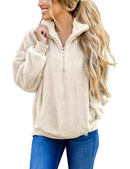 MEROKEETY Women's Long Sleeve Contrast Color Zipper Sherpa Pile Pullover Tops Fleece with Pocket