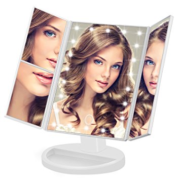 Lighted Makeup Mirror, BEW Tri-Fold Vanity Mirror with 22 LED lights & Touch Screen Dimmable / 1X/2X/3X Magnifying Spot Mirrors / 180°Swivel Rotation / Dual Power Supply (White)