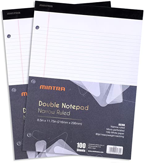 Mintra Office Legal Pads - ((DOUBLE PAD 2PK, WHITE, 8.5in x 11in, NARROW RULED)) - 100 Sheets per Notepad, Micro perforated Writing Pad, Notebook Paper for School, College, Office, Professional