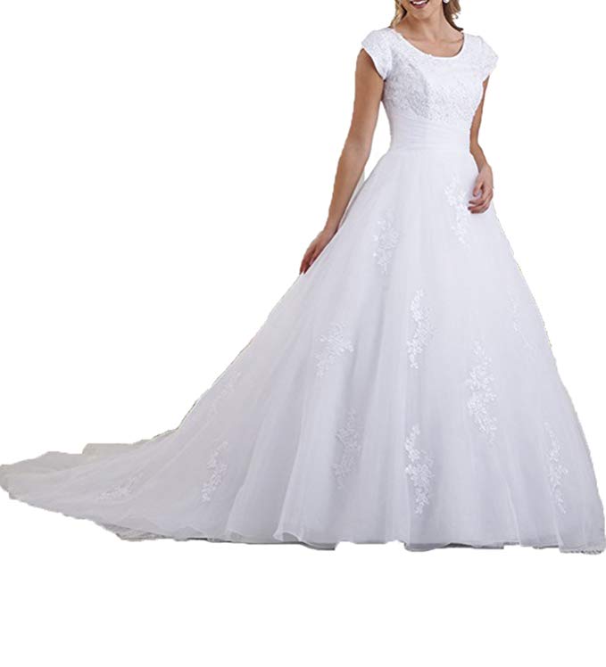 OYISHA Women's Sweep Train Lace Wedding Dresses with Sleeves Bridal Gown WD004