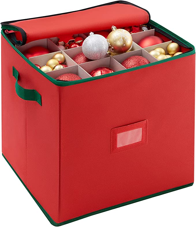 Lifewit Christmas Ornament Storage Container with Dual Zipper Closure - Box Contributes Slots for 64 Holiday Ornaments 3-Inch, Xmas Decorations Accessories, Made of Nonwoven Material, Red