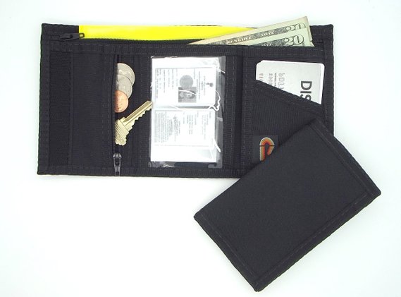 Trifold Hook & Loop Closure Wallet w/ RFID Blocking Panel / Zipper Coin Pocket / BLACK / USA Made