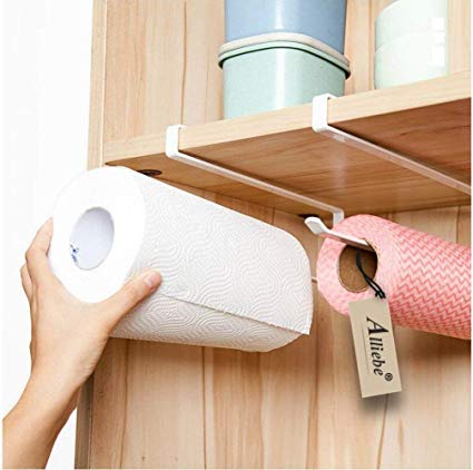 Alliebe 2pcs Paper Towel Holder Dispenser Under Cabinet Paper Roll Holder Rack Without Drilling for Kitchen Bathroom
