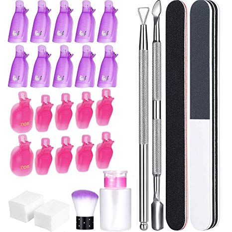 Gel Nail Polish Remover Tools Kit include 550Pcs Wipe Cotton Pads, 20pcs Nails Clips Caps, 3Pcs Nail File, Triangle Cuticle Pusher Cutter Set, Nail Brush, Push Down Pum Dispenser Bottle