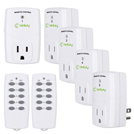 Century Mini Wireless Remote Control Outlet Switch Power Plug In for Household Appliances, Wireless Remote Light Switch, LED Light Bulbs, White (2 Remotes   5 Outlets) Value Pack