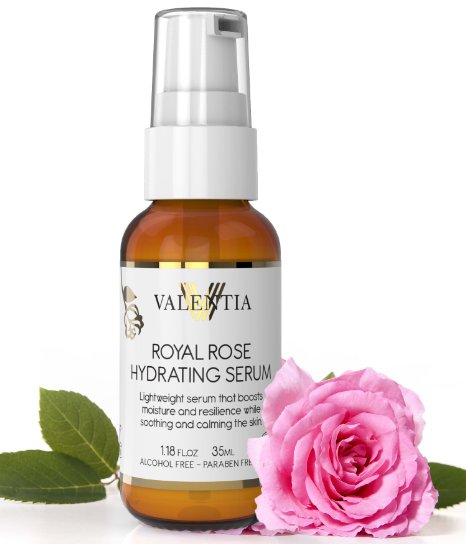 NEW - Valentia Royal Rose Hydrating Serum - For Sensitive Skin - Includes Rose Damascena Organic Rosehip Oil Niacinamide Vit B Evening Primrose Bearberry and Lavender - 118 Oz
