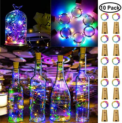 FANSIR Wine Bottle Lights with Cork, 10 Pack Battery Operated LED Cork Shape Silver Wire Fairy Mini String Lights for DIY, Party, Decor, Wedding Indoor Outdoor (Multi Color)