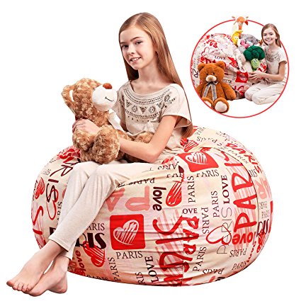 Jumbo Stuffed Animal Storage Bean Bag Cover - Stuffed Toy Organizer and Storage Solution, Red and Beige Color, Nice for Teen-Girls. 38 in, Paris Icon