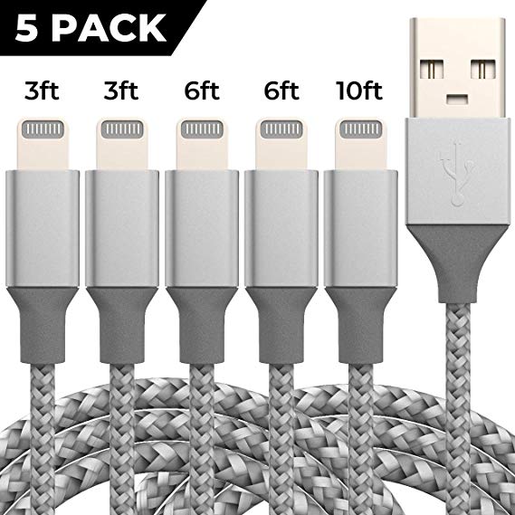 Fast Speed Data Transmission Charging Cable Nylon Braided Compatible with Phone Xs/XS Max/XR/X/8/8 Plus/7 Plus /7 /6s Plus /6s /6 Plus /6/5-5Pack 3FT 3FT 6FT 6FT 10FT Gray