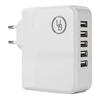 Yubi Power 5 in 1 Family Size 5 Port USB Charger Charging Station - 5V 6.8A - Type C for France, Germany, Greece, Netherlands, Norway, Poland, Portugal, Russia, Spain, Sweden, Egypt, Turkey, and more