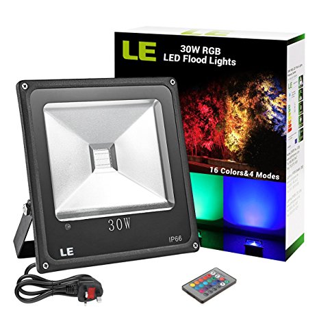 LE 30W RGB LED Flood Lights, Remote Control, Colour Changing Security Light, 16 Colours 4 Modes, Dimmable, Waterproof LED Floodlight, UK 3-Plug, Wall Washer Light