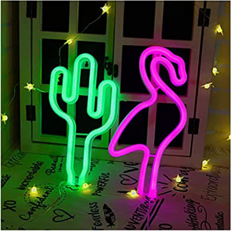 ENUOLI LED Pink Flamingo Neon and Green Cactus Neon Combination Neon Sign Battery/USB Powered Neon Night Light a Neon Light for Wall Bedroom Decoration Wedding Christmas Birthday Party Bar