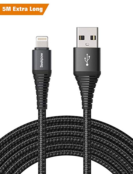 16FT/5M Phone Charger Cable, Extra Long Nylon Braided USB Charging Cord 2.4A Fast Charging,Compatible with Phone Xs max Phone 8 8 Plus 7 7 Plus 6s 6s Plus 6 6 Plus Black