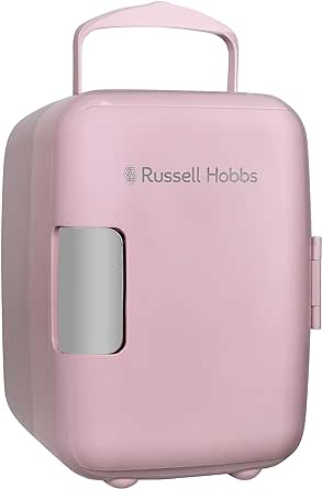 Russell Hobbs Mini Fridge 4L/6 Can Portable Mini Cooler & Warmer for Drinks, Cosmetics/Makeup/Skincare, AC/DC Power, Retro Style, Pink, For Bedroom, Home, Caravan, Car RH4CLR1001P