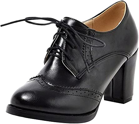 Dear Time Block Heels Wingtip Oxfords Vintage PU Leather Brogue Shoes Woman