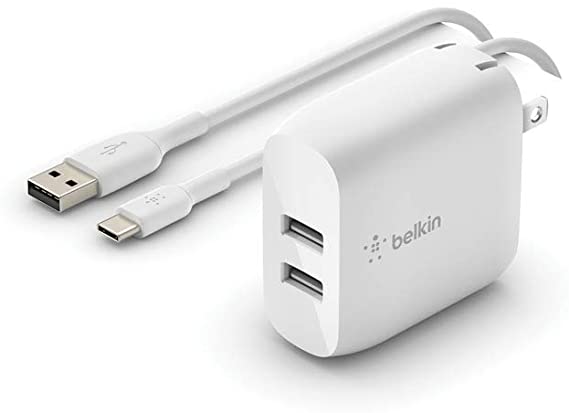 Belkin Dual USB Charger 24W   USB-C Cable (Dual USB Wall Charger for Galaxy S20, S20 , S20 Ultra, S10, S10 , S10e, Note10, Pixel 4, iPad Pro, More), White