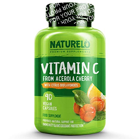 NATURELO Vitamin C with Acerola Cherry Extract, Natural L-Ascorbate (NOT Synthetic Ascorbic Acid) & Citrus Bioflavonoids – Supports Immunity - 500mg Dose - 90 Vegan Capsules | 3 Month Supply