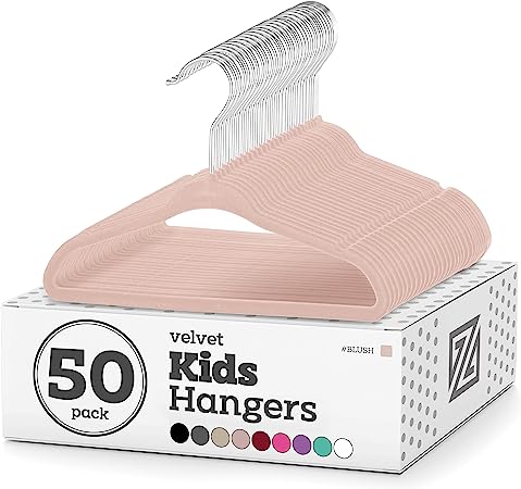 Zober Velvet Kids Hangers for Closet - Pack of 50 Non Slip Childrens Hangers for Shirts, Pants & Dresses w/Swivel Hook - Durable Kids Clothes Hanger w/Notches - Small Hangers - Blush