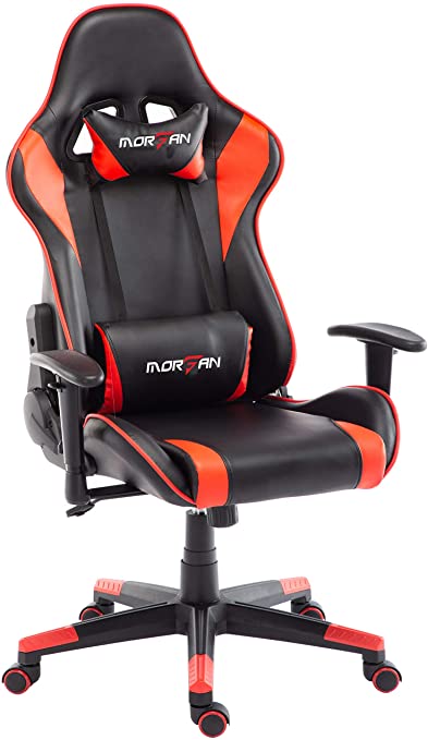 Morfan Racing Chair Ergonomic Game Recliner Swivel Office Computer Desk Chair Including Massage Lumbar Pillow F Series (Black/Red)