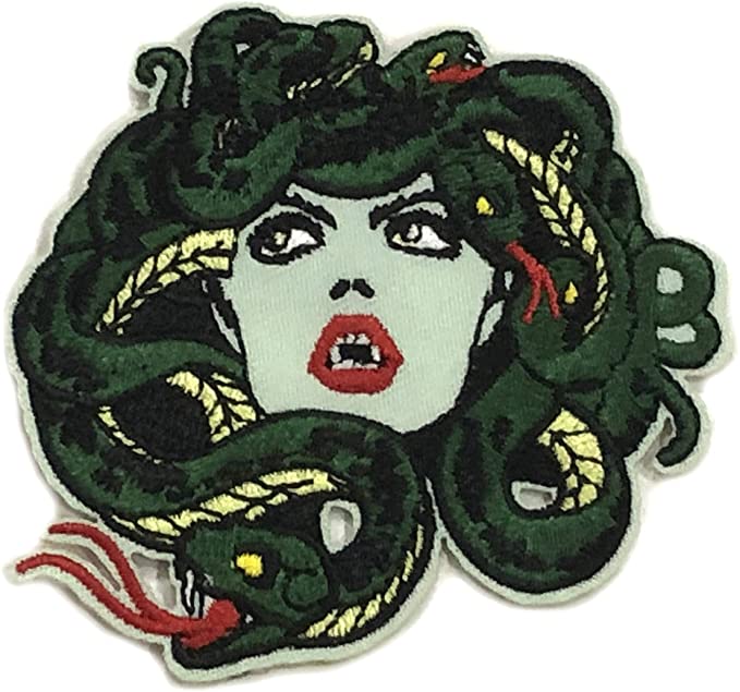Medusa Venomous Snakes - Bleeding Gorgon Stone Greek Mythology Myth Theme - Vacation Souvenir Embroidered Premium 3" Patch Iron On or Sew On Biker Emblem Decorative Gear Appliques