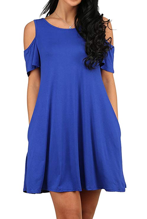 OFEEFAN Women's Cold Shoulder Tunic Top T-Shirt Swing Dress with Pockets