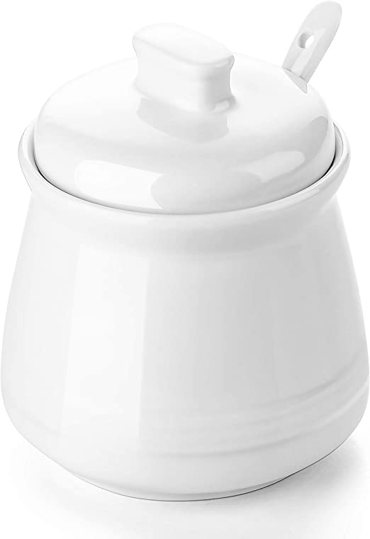 DOWAN Sugar Bowl with Lid and Spoon, 355ML Porcelain Sugar Jar, Sugar Canister, Coffee Bar Accessories, Suit for Coffee Bar& Restaurant, White