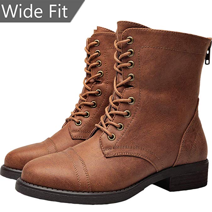 Aukusor Women's Wide Width Martin Boots - Low Chunky Heel Casual Side Zipper Lace up Combat Boots.