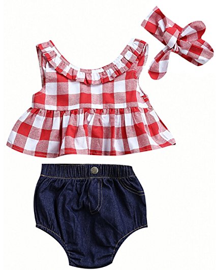 CANIS Baby Girls Plaid Ruffle Bowknot Tank Top and Denim Shorts Outfit with Headband