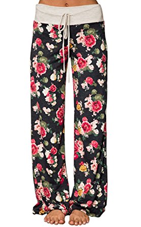 Angashion Women's High Waist Casual Floral Print Drawstring Wide Leg Pants