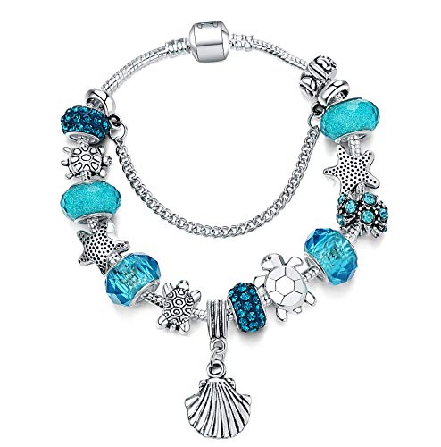 Majesto Beach Charm Bracelet for Women and Girls 19-22 cm Shell Bracelet Sea Turtle Bracelet Summer Bracelets Sea Glass Jewelry Gifts Silver Plated