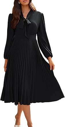 GRACE KARIN Womens 2024 Fall Long Sleeve Dress Casual V Neck Pleated A Line Flowy Midi Dresses