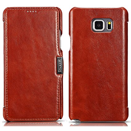 Note 5 Case,PERSTAR [Vintage Classic Series] [Genuine Leather] Flip Cover Folio Case, [1 Card Slot] with Magnetic Closure for Samsung Galaxy Note 5 (Vintage Brown)