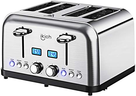 Toaster 4 Slice IKICH Toasters with Wide Slots, 2 Clear LCD Countdown Display on Both Sides, 1750W, 6 Bread Shade Settings, Defrost/Reheat/Bagel/Cancel, Stainless Steel, Nice Mirror Finish, Silver