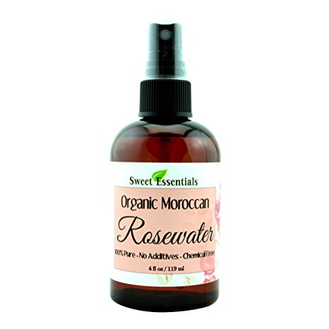 Premium 100% Pure Organic Moroccan Rose Water - 4oz With Sprayer - Imported From Morocco - (Also Edible) Rich in Vitamin A and C, it is Packed With Natural Antioxidants and Anti-Inflammatory Qualities. Perfect for Reviving, Hydrating and Rejuvenating Your Face and Neck - By Sweet Essentials