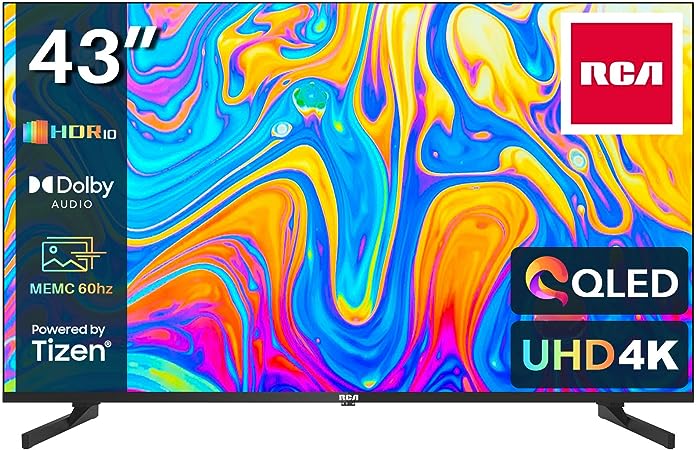 RCA 43 Inch QLED UHD Smart TV, 4K HDR10 Tizen OS TV with Samsung TV Plus Youtube Netflix Motion Mode Dolby MS12, 3 x HDMI 2 x USB WiFi Bluetooth, Large Screen TV for Living Room Home Office