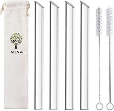 ALINK Reusable Glass Boba Straws, 14mm Extra Wide Clear Smoothie Straws for Bubble Tea, Pack of 4 with 1 Case and 2 Brush