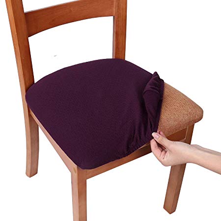 smiry Stretch Spandex Jacquard Dining Room Chair Seat Covers, Removable Washable Anti-Dust Dinning Upholstered Chair Seat Cushion Slipcovers - Set of 4, Dark Purple