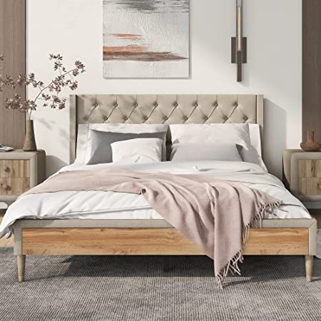 SOFTSEA Queen Size Platform Bed Frame with Wingback, Linen Upholstered Bed with Button Tufted Headboard, Heavy Duty Wooden Support, No Box Spring Needed(Gray)